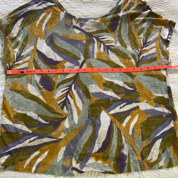 RACHEL ZOE 100% Linen Short Sleeve Multi Color Leaf Blouse, Button Back w/ Vent - Picture 14 of 15